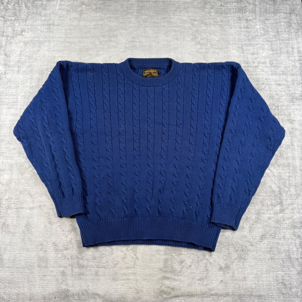 Eddie Bauer Sweater Mens XL Blue Vintage 90s Cable Knit Cotton Fisherman Ski